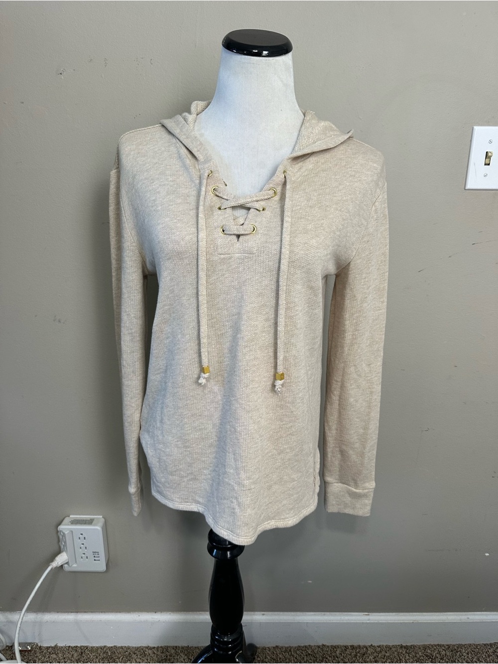 Michael Kors women’s small pullover hoodie sweater with lace up front. beige
